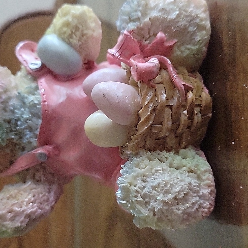 Hand Painted Bunny Figurine Pink Overalls Basket Pastel Eggs Approx 5.5" - Picture 4 of 11